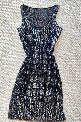 MANGO MNG! Elegantes Cocktailkleid Gatsby Pailletten schwarz silber grau M 38
