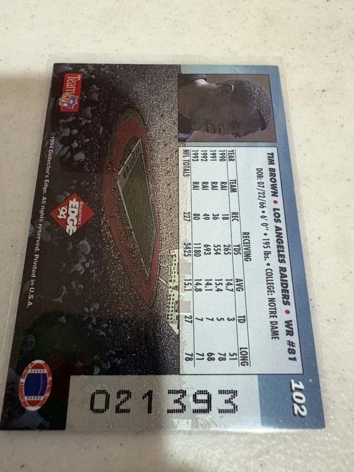 1994 Collector's Edge Tim Brown #102 Boss Squad Silver Signed Card Raiders (AU) - Image 2 of 2