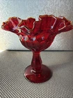 Fenton Ruby Red Thumb Print Amber Crest  Compote with Ruffled Rim Vintage -RARE!