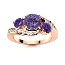 925 Sterling Silver Rose Plated 5MM Round Shape Amethyst Three Stone Women Ring