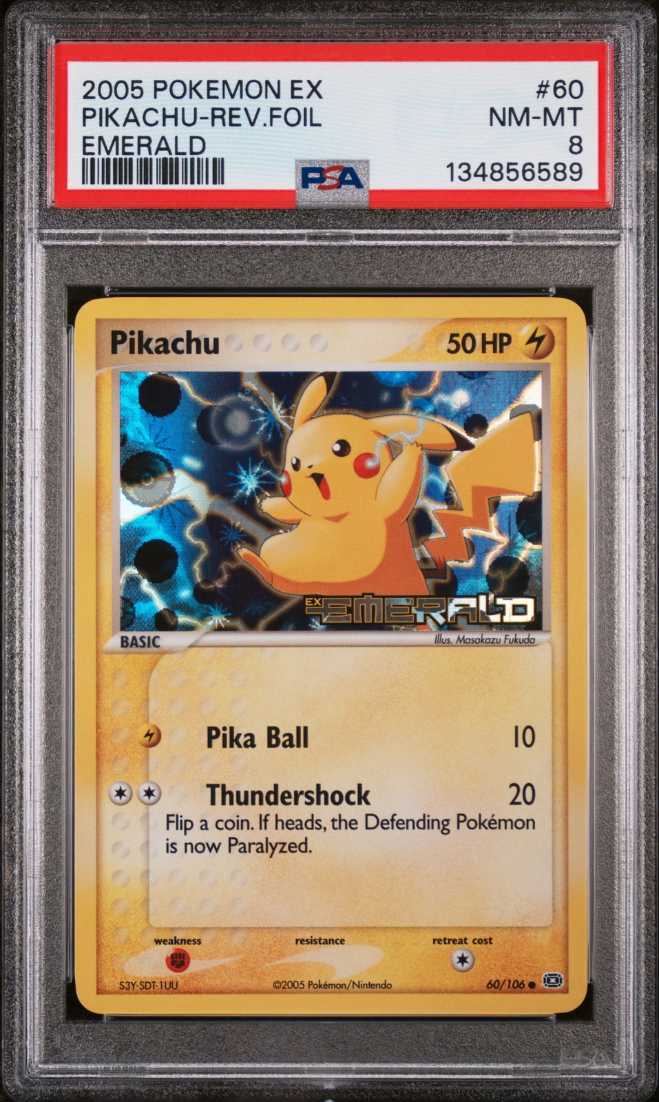 2005 POKEMON EX EMERALD #60 PIKACHU-REVERSE FOIL PSA 8