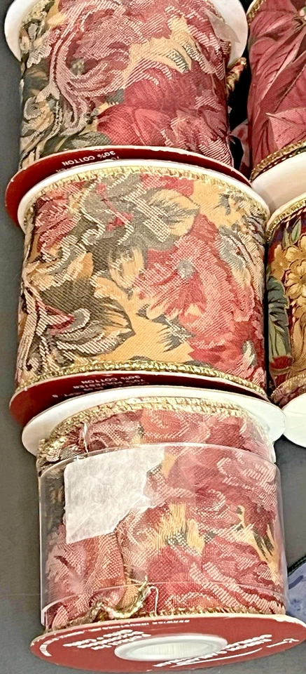 Floral Wired Edged Ribbon 9 Rolls Sheer Rose Bloom Brocade Holiday 2.5 in Wide - Image 2 of 4