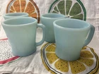 Set of 4 Vintage Fire King Delphite Turquoise Blue Milk Glass D Handle Mug