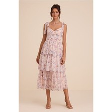 Lulus Garden Meandering Pink Floral Tulle Tiered Midi Dress NWT