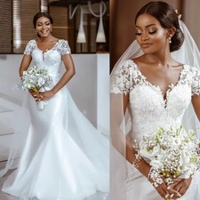 Sparkly Satin Long Sleeve Mermaid Wedding Dresses Lace Appliqus Vestido