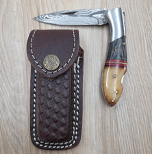 Damascus Steel Custom Made Pocket Folding Knife Wood & Bone Handle W/ Sheath