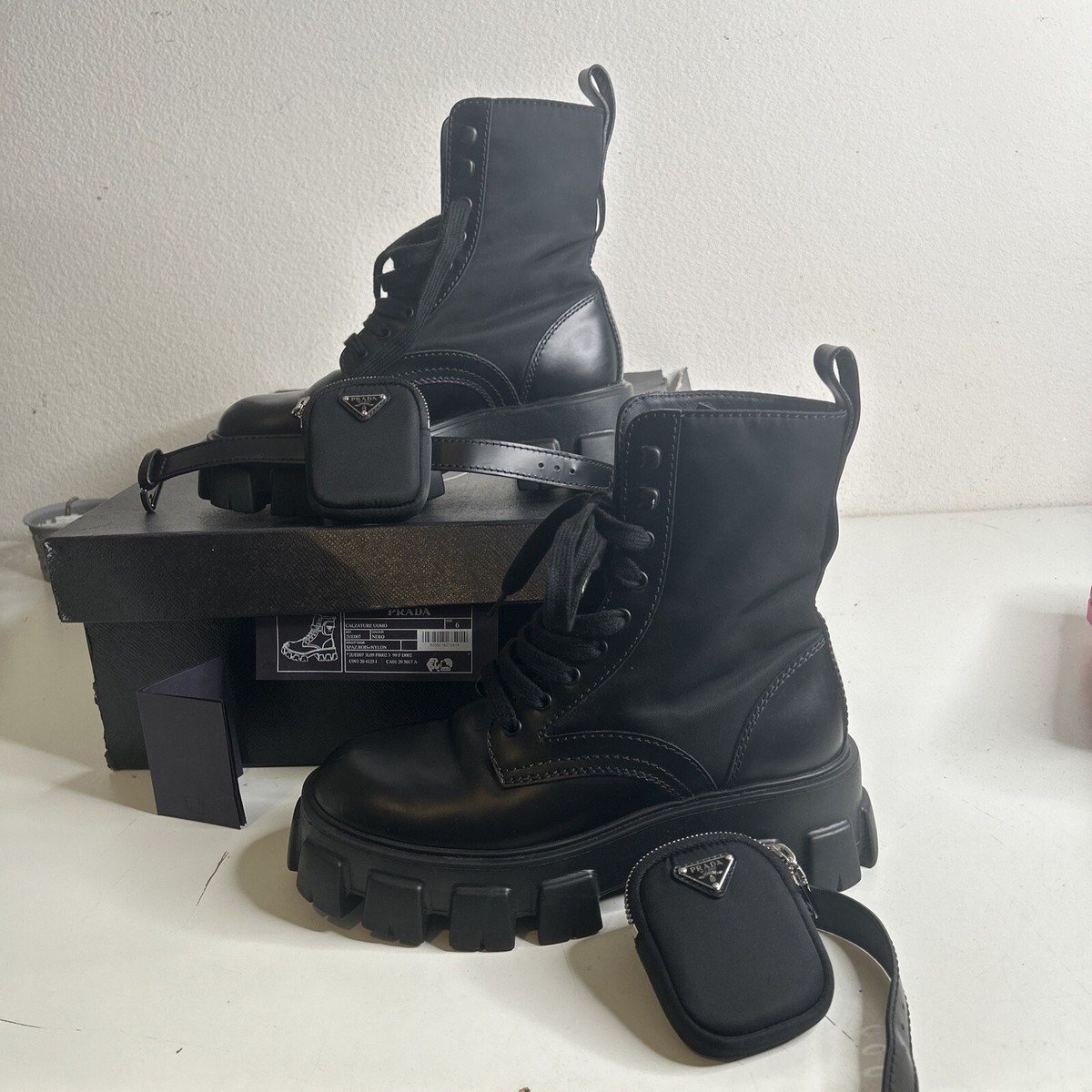 Prada Black Monolith Leather and Re-Nylon Pouch Combat Boots Size