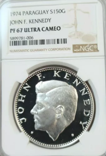 1974 PARAGUAY SILVER 150 GUARANIES S150G JOHN F KENNEDY NGC PF 67 ULTRA CAMEO