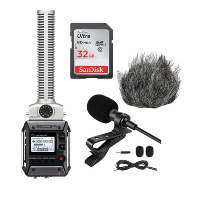Zoom F1-SP Field Recorder+Shotgun Mic Pack+Lavalier Mic + 32GB sd and Windbuster