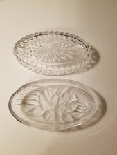 Vintage Crystal Glass Oval Box  Lid with Frosted Flower