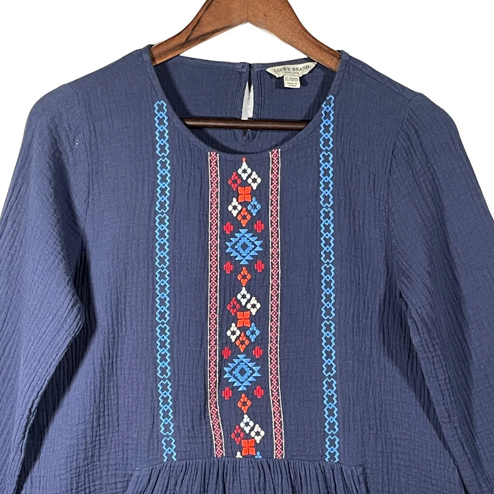 Vestido Lucky Brand Gauzy Niña Talla XL Azul Marino Mangas Largas Bolsillo Bordado Foto 4 de 4