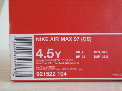 NIKE AIR MAX 97 (GS) WHITE-WHITE-METALLIC SILVR SZ 4.5Y