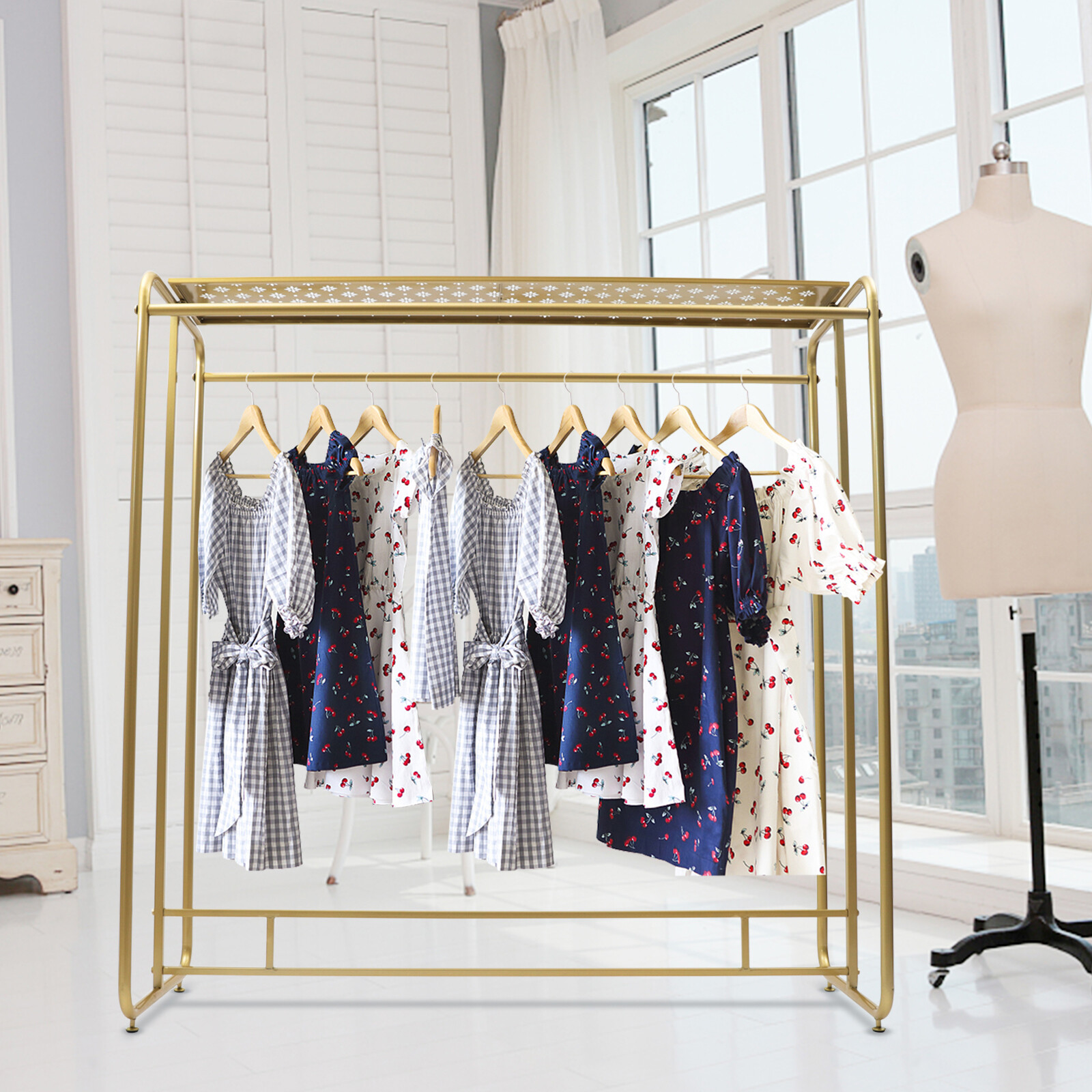 Golden Metal Double Rod Garment Rack for Retail Clothing Display