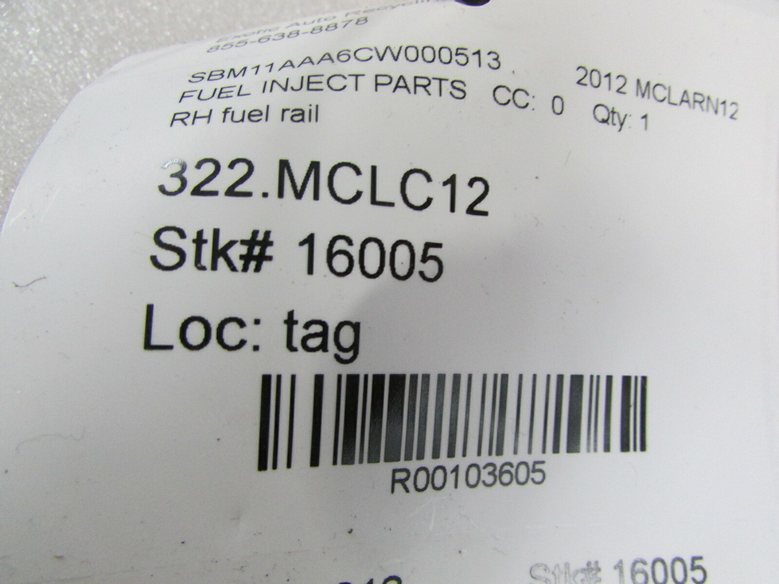 McLaren MP4-12C, RH, Right Fuel Rail, Used