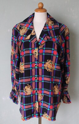 Elegance Boutique Bluse 100% Seide 80er Vintage schwarz rot blau Gr. 44 XXL