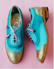 Handmade Women's Blue  Gold 2Tone Oxford Wing Tip Lace Up Brogue Dress Shoes