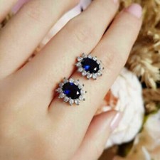 3.00Ct Oval Lab-Created Blue Sapphire Halo Stud Earrings 14K White Gold Finish