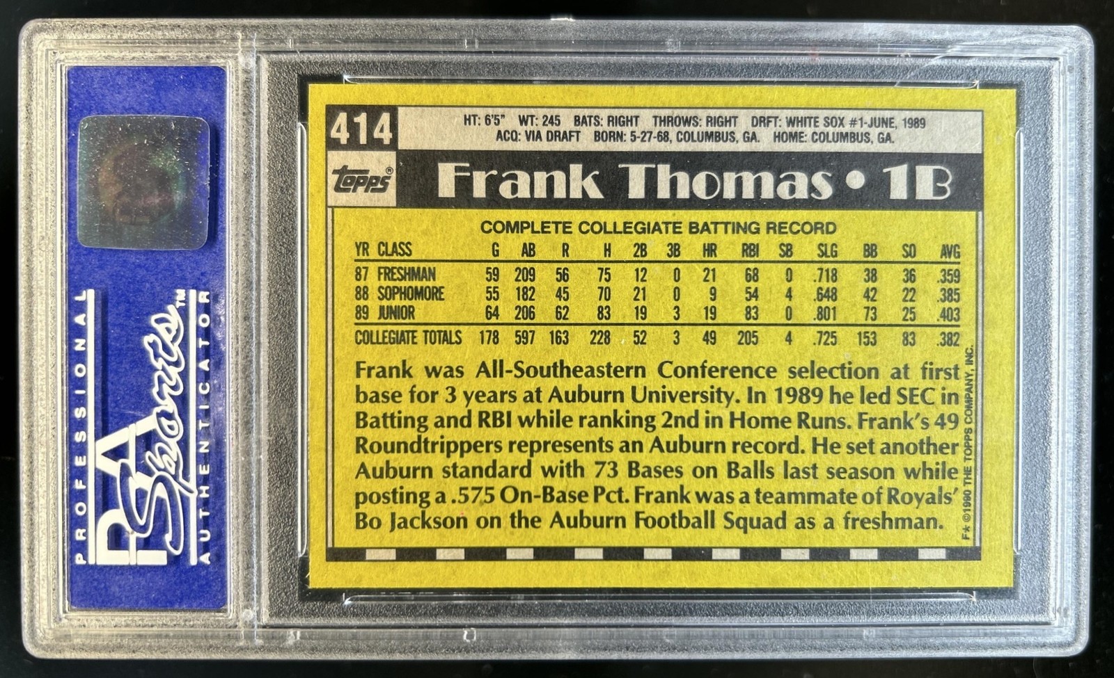 1990 Topps Frank Thomas - Debut #414 White Sox PSA 9 view 2