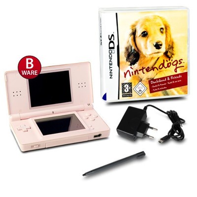 DS Lite Handheld Konsole rosa #74B Kabel und Spiel Nintendogs Dachshund Friends