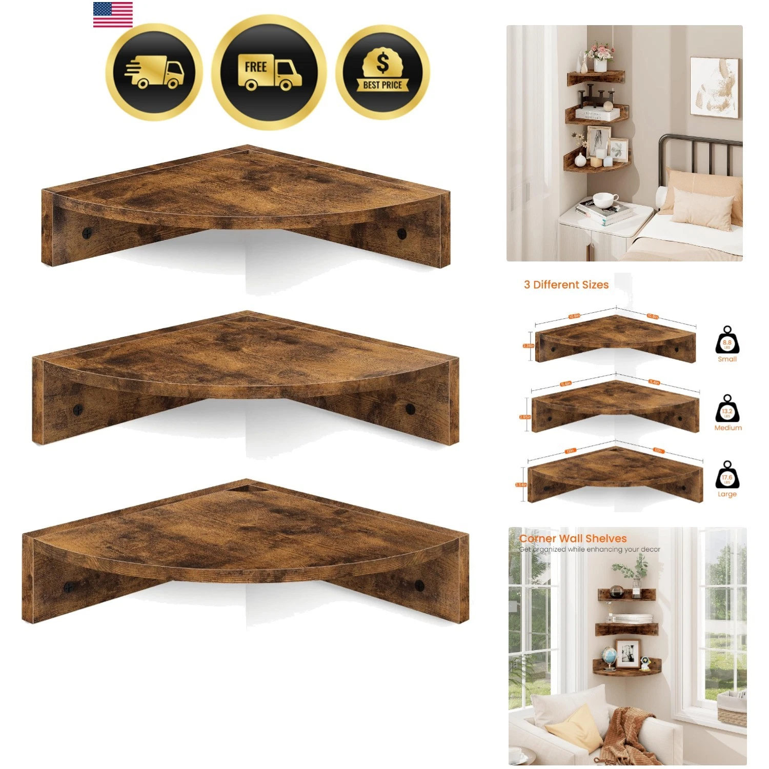 Corner Shelf Wall Mount, Set of 3 Floating Corner Shelves with Cord Hole, 3 T...