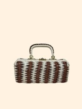 1960s Vintage Brown White Woven Wicker Handbag Top Handle Structured Purse