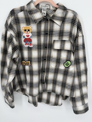Spoon Jeans Women's Plaid Crop Y2K 2X Shirt Jacket Grunge Bear Patch Streetwear