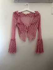 Urban Outfitters Pink Lace Ruffle Tie Bell Sleeve Cropped Blouse Sheer S
