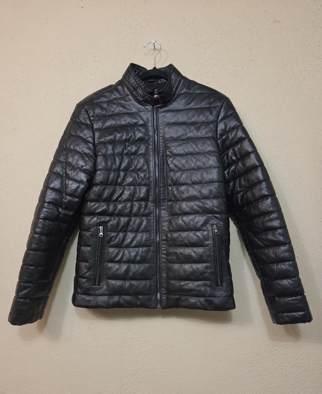 Paul Parker Jacket Mens Medium Black Leather Quilted Puffer Full Zip Lined