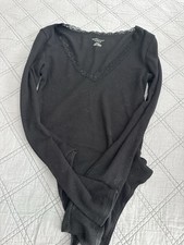 American Eagle Woman s Longsleeve Black Bodysuit with Lace Neckline Size M