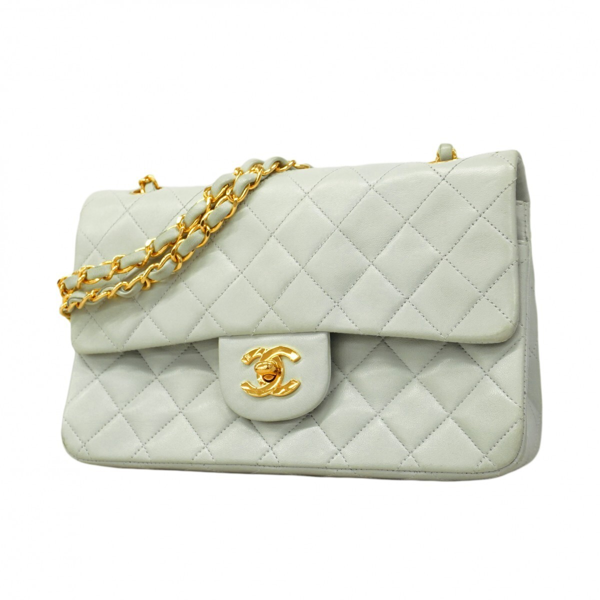 CHANEL Lambskin Matelasse Shoulder Bag with Flap and Gold Chain in Light Blue 5GE5838