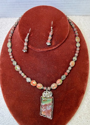 Handmade Jasper Beaded Necklace & Earrings Set Sterling Silver 925 Wire Wrapped - Afbeelding 2 van 12