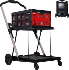 2 Tier Folding Shopping Cart with Wheels Rolling Foldable Grocery Utility Cart