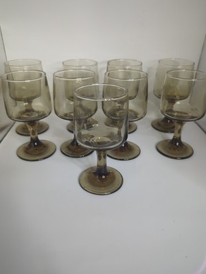 9 Libbey Tawny Accent Wine Goblets Set Vintage Brown Stemware Retro Lot