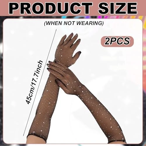 Guantes largos de rejilla de estrás, guantes rave de malla brillante de poliéster negro  Foto 2 de 4