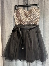 Tease Me Goldish Silver/Black Party Holiday Dress Size 5 Short Belted Strapless