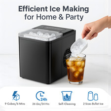Portable Countertop Ice Maker Machine 26lbs in 24H Bullet Ice Cubes for Home Bar
