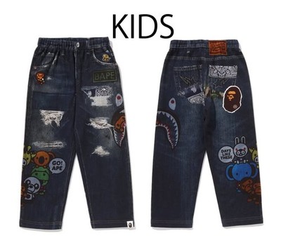 A BATHING APE BAPE KIDS BABY MILO FRIENDS DENIM PRINT SWEAT PANTS
