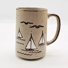 Otagiri Speckle Stoneware Seagull Yacht Waves Coastal Mug Coffee Tea VTG 5" H