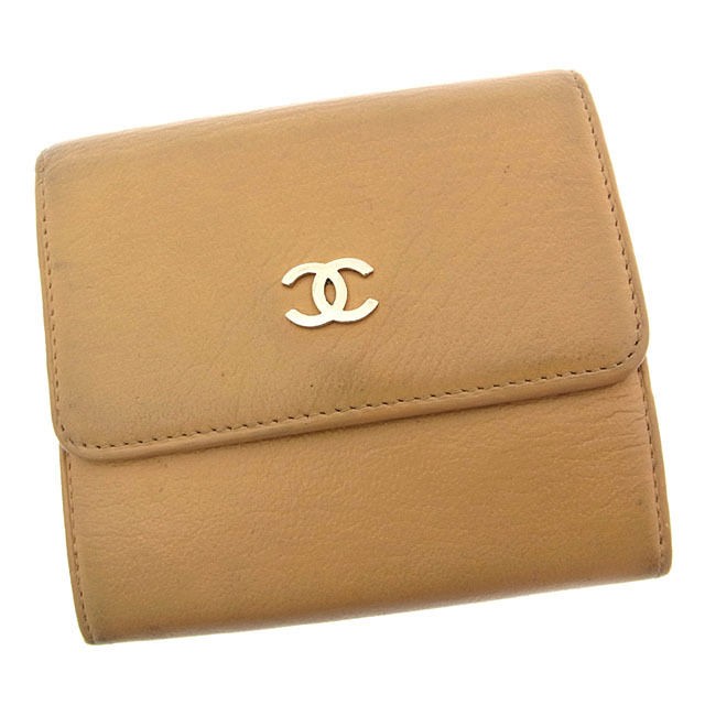 CHANEL Vintage Coco Mark Trifold Snap Wallet Beige Silver A13456