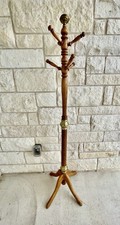 Vintage Brass and Carved Oak Wood 6 Pegs Coat Tree: Twisted Hallway Rack 69-15”