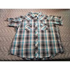 Wrangler Western Fashion Mens 2XL Plaid Short Sleeve Snap Shirt Turquoise Black