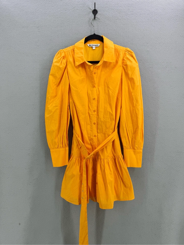 Mini Vestido Mediano Walter Baker Para Mujer Naranja Tara Cinturón Algodón Recogido Popelina Foto 3 de 4