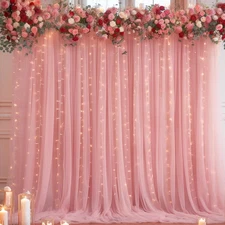 10Ft X 10Ft Dusty Rose Backdrop Curtain with Lights String for Parties, Sheer Tu