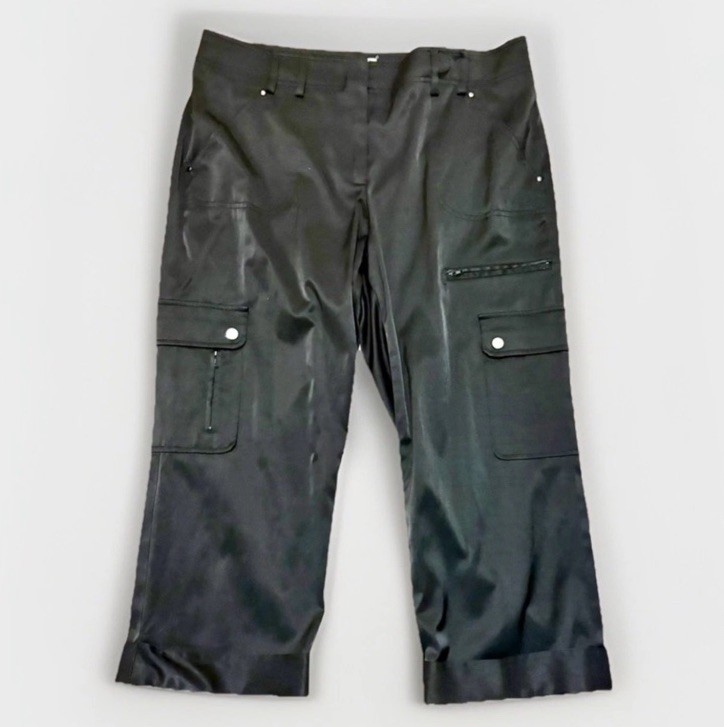 CACHE Black Cargo Pants Cropped Cuffed Satin Look - Size 12 EUC