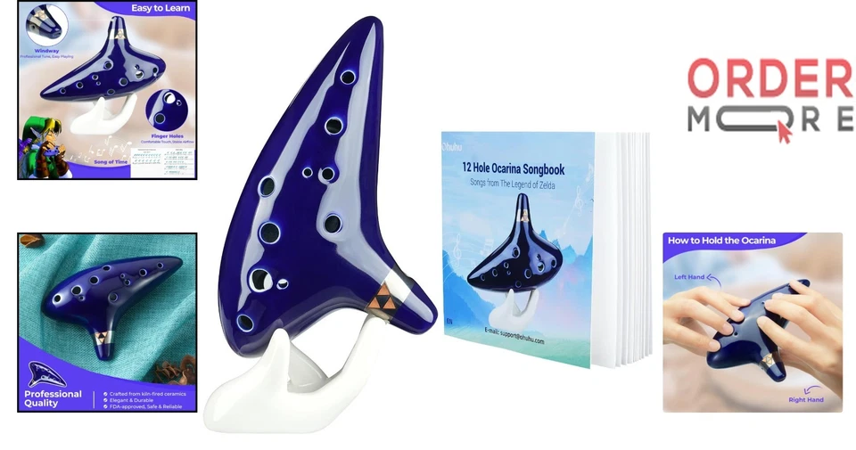 Legend of Zelda Ocarina 12-Hole Ceramic With Song Book Display Stand Bag - Image 2 of 4