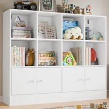 Cozy Castle White Wood Bookcase,12 Cube Storage Organizer Bookshelf with 4 Doors