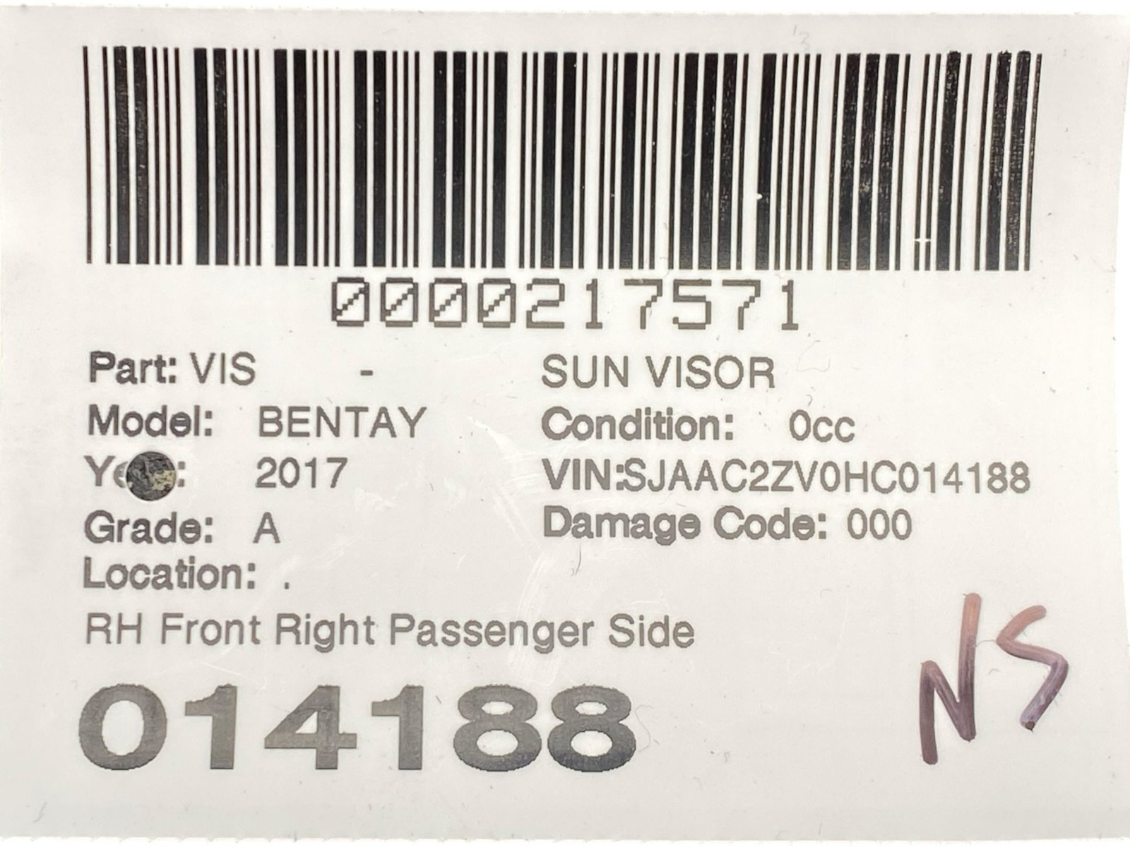 2015-2020 BENTLEY BENTAYGA Front Right Passenger Side Sun Visor |Black *SCRATCH*