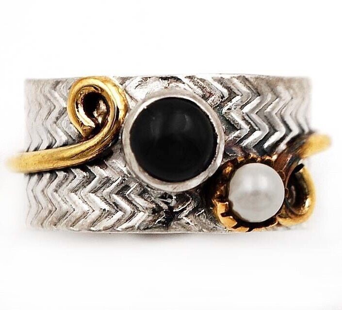Natural Two Tone- Black Onyx - Brazil 925 Sterling Silver Ring Sz 8.5