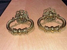 2 Vintage White of Mebane Brass Escutcheon Drawer Pulls French Cabinet Hardware 