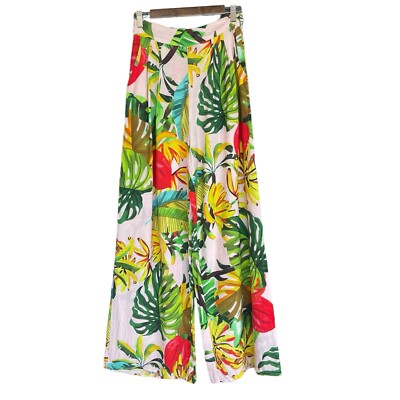 Cutely Covered Womens Pants Medium Tropical Wide Leg Rayon Blend Boho Beachy